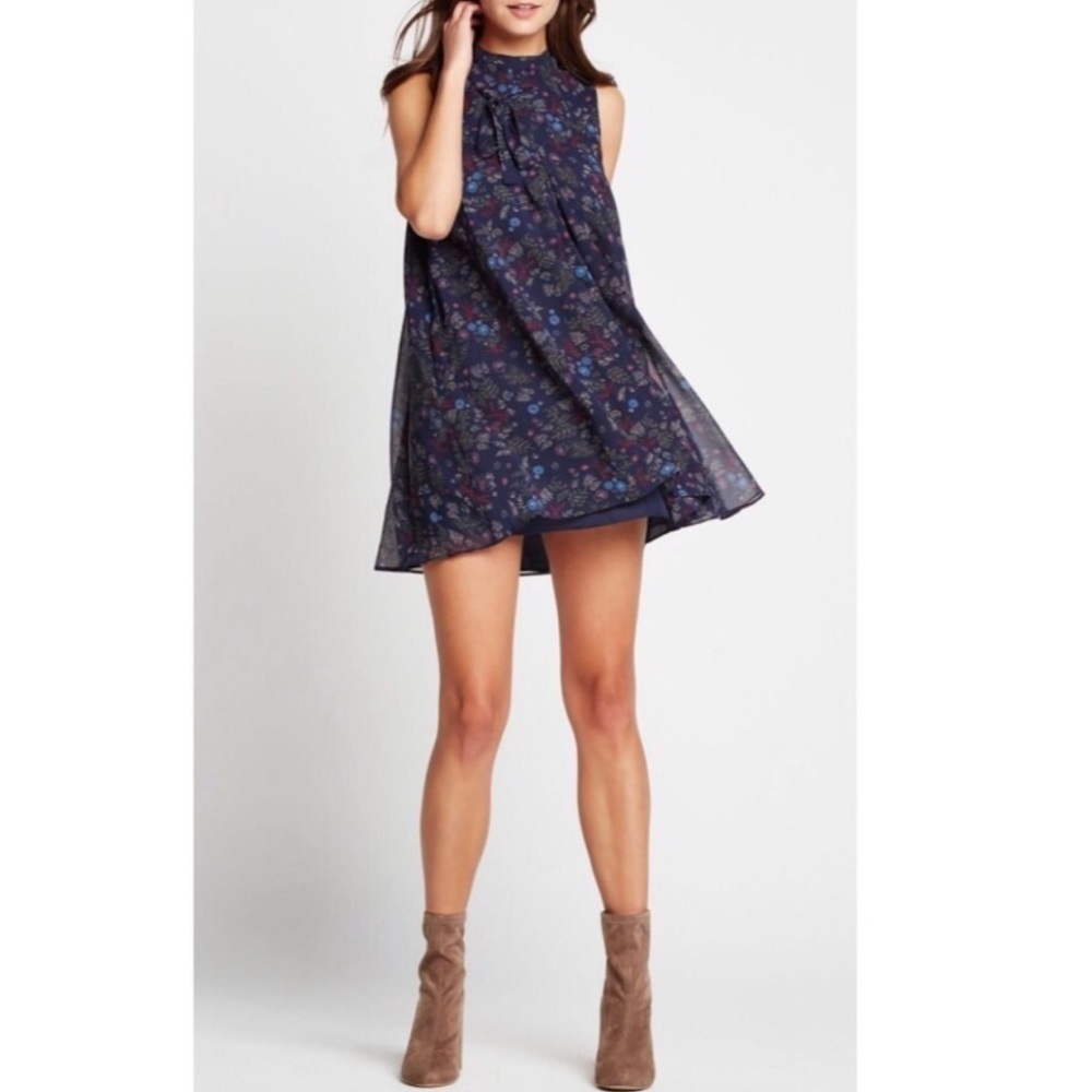 BCBGeneration Boho Navy Floral High-Neck Sleeveless Pleat Flowy Mini Dress XS